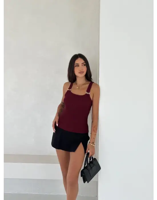 Omarı Şık ve Rahat Ottoman Askılı Bluz Bordo