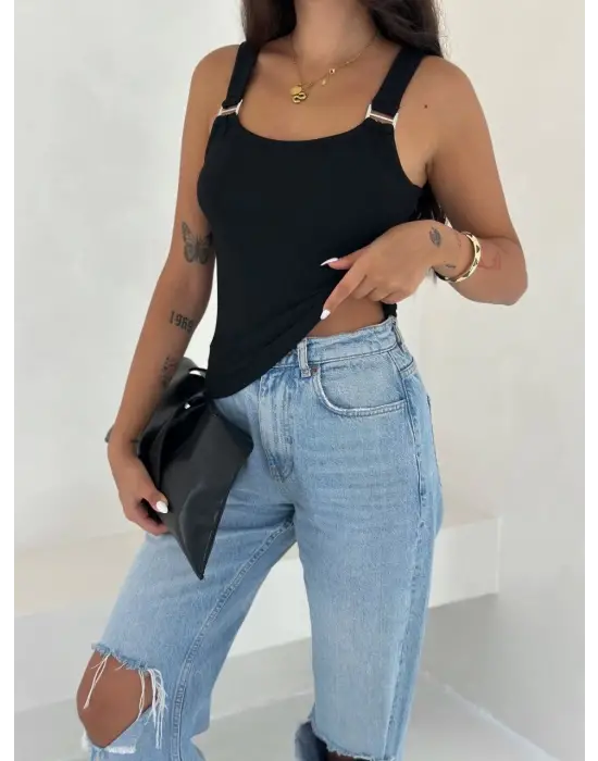 Omarı Siyah Ottoman Toka Askılı Bluz