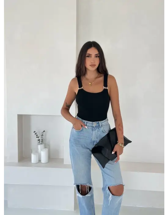 Omarı Siyah Ottoman Toka Askılı Bluz