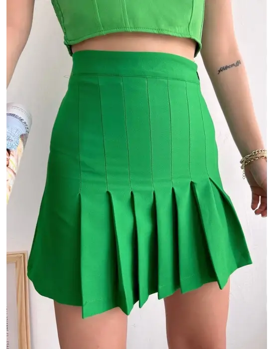 Omarı Pileli Düğmeli Etek - Yeşil Renk Seçeneği