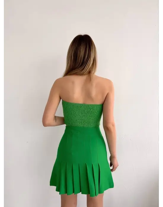 Omarı Pileli Düğmeli Etek - Yeşil Renk Seçeneği