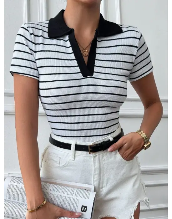 Omarı Garnili Polo Yaka Bluz - Beyazsiyah Seçenekleriyle