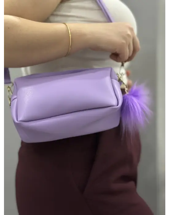 Omarı Mor Ponponlu Şık Cilt Çantası