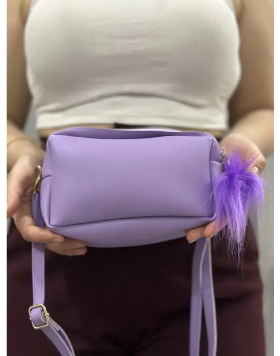 Omarı Mor Ponponlu Şık Cilt Çantası