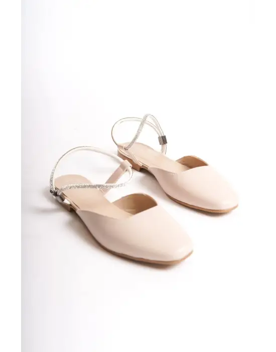 Omarı Rahat Tabanlı Taş Detaylı Bayan Babet Ayakkabı - Krem