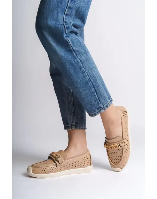 Omarı Rahat Tabanlı Kalp Desenli Babet Ayakkabı - Ten