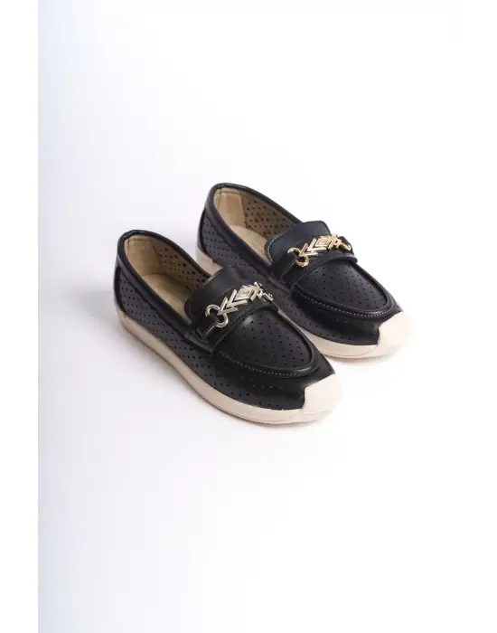 Omarı Kalp Desenli Rahat Bağcıksız Bayan Babet Ayakkabı - Siyah