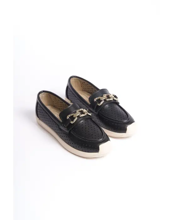 Omarı Rahat Tabanlı Kalp Desenli Bayan Babet Siyah