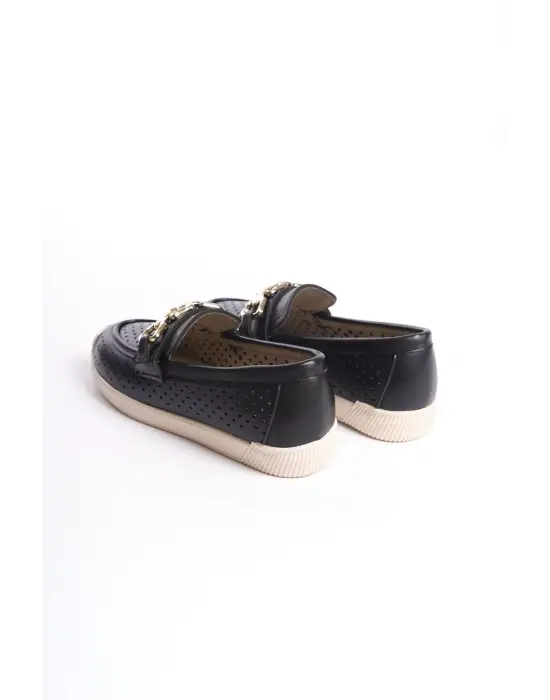 Omarı Rahat Tabanlı Kalp Desenli Bayan Babet Siyah