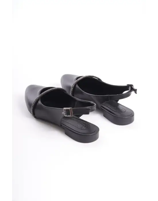 Omarı Rahat Tabanlı Taş Detaylı Bayan Babet Siyah