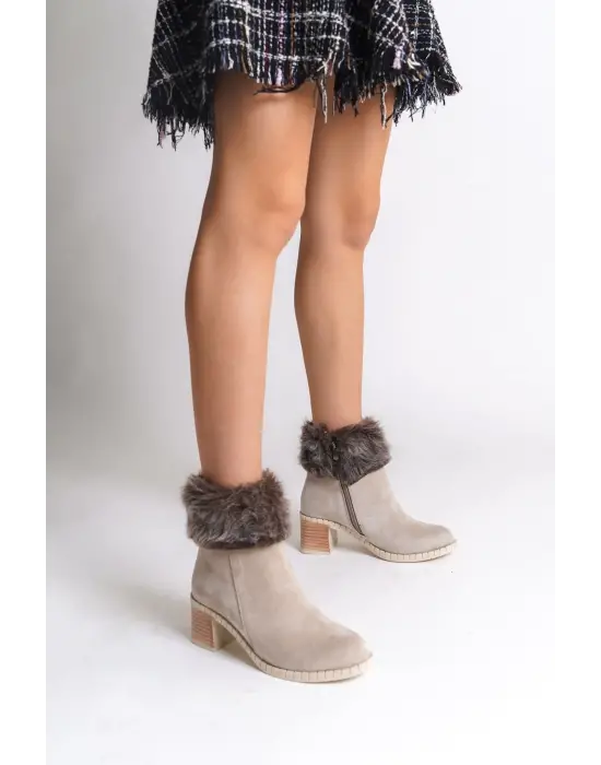 Omarı Rahat Tabanlı Tabaan Tüylü Süet Bayan Bot - Krem