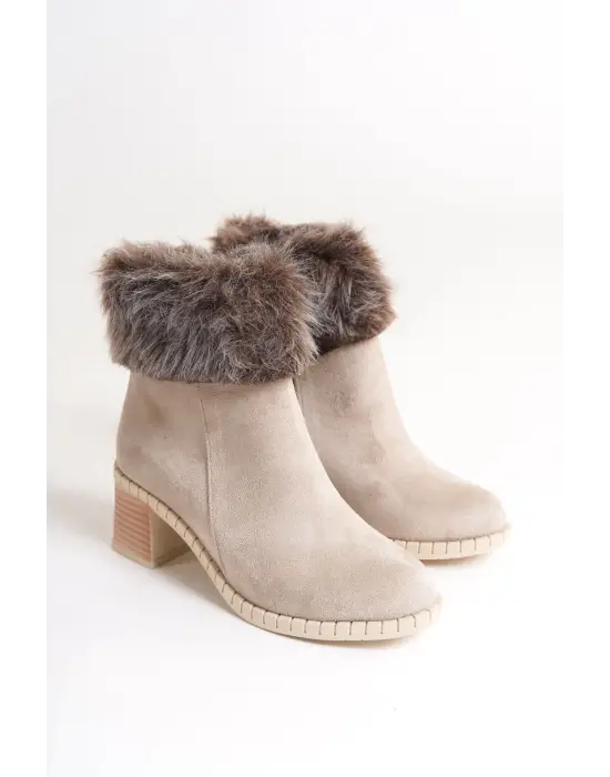 Omarı Rahat Tabanlı Tabaan Tüylü Süet Bayan Bot - Krem