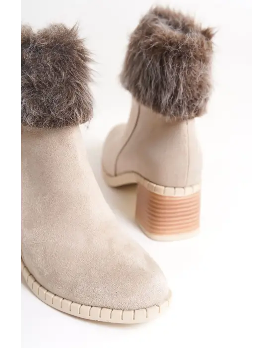 Omarı Rahat Tabanlı Tabaan Tüylü Süet Bayan Bot - Krem