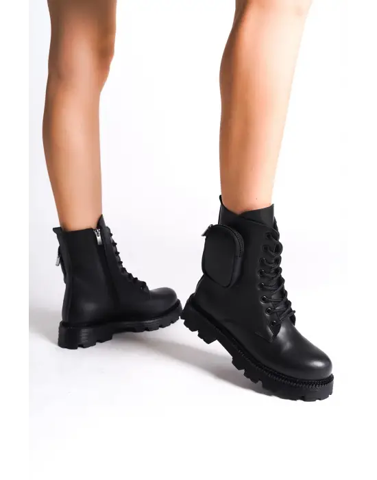 Omarı Rahat Tabanlı Fermuarlı Çantalı Siyah Bayan Bot