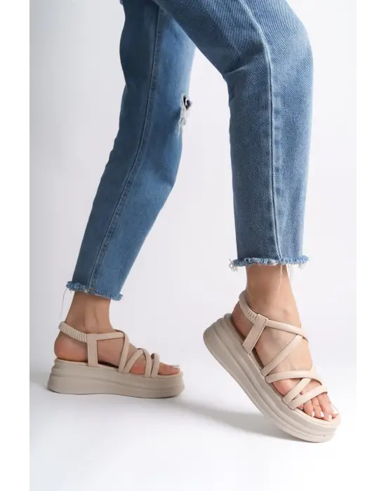Omarı Rahat Tabanlı Tabaan Bayan Sandalet - Krem