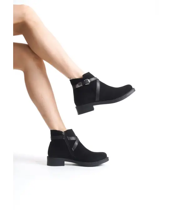 Omarı Şık Siyah Bayan Bot - Rahat Lastikli Süet Tabanlı Ayakkabı