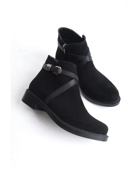 Omarı Şık Siyah Bayan Bot - Rahat Lastikli Süet Tabanlı Ayakkabı