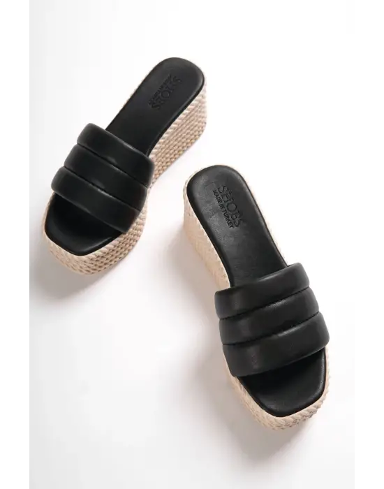 Omarı Rahat Tabanlı Tabaan Örgülü Bayan Terlik - Siyah