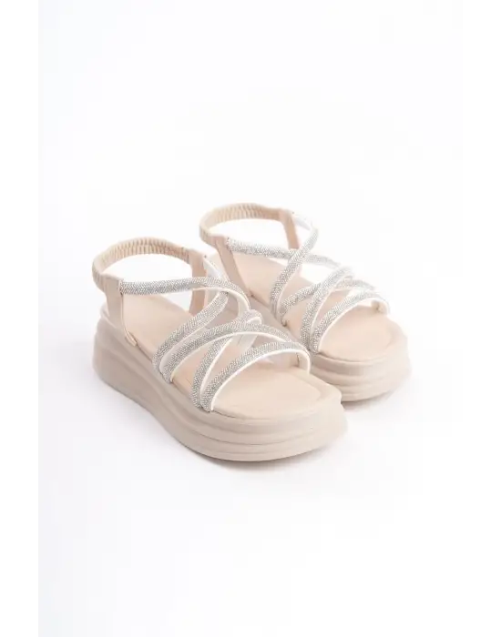 Omarı Rahat Tabanlı Taşlı Sandalet - Krem
