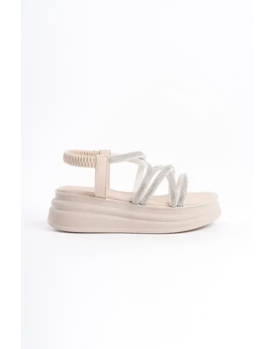 Omarı Rahat Tabanlı Taşlı Sandalet - Krem