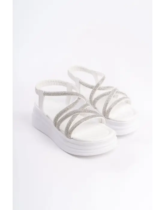 Omarı Taşlı Şeritli Rahat Tabanlı Beyaz Bayan Sandalet