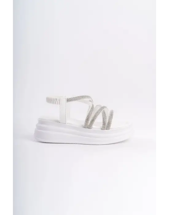 Omarı Taşlı Şeritli Rahat Tabanlı Beyaz Bayan Sandalet