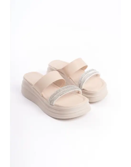 Omarı Taşlı Şeritli Rahat Tabanlı Bayan Terlik - Krem