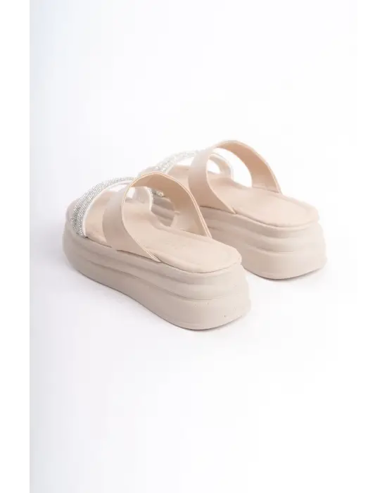 Omarı Taşlı Şeritli Rahat Tabanlı Bayan Terlik - Krem