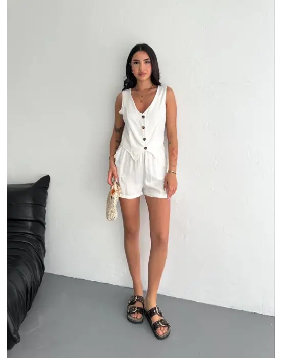 Omarı Rahat Yaz Stili Keten Şort Yelek Takımı