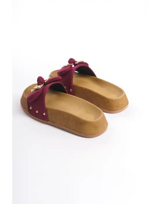 Omarı Rahat ve Şık Tabanlı Bordo Saten Bayan Terlik - Kısa Topuk