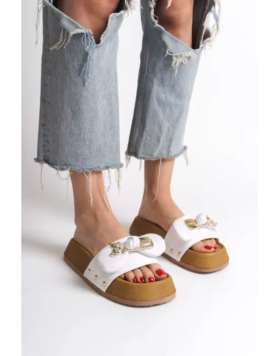 Omarı Kalın Tabanlı Rahat Bayan Terlik - Beyaz