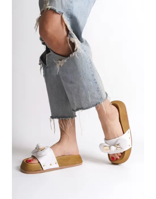 Omarı Kalın Tabanlı Rahat Bayan Terlik - Beyaz