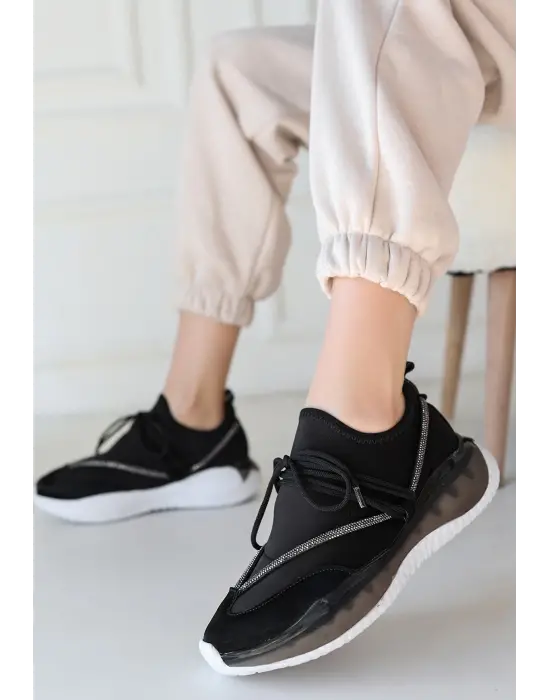 Omarı Siyah Rugan Spor Ayakkabı Bağcıklı