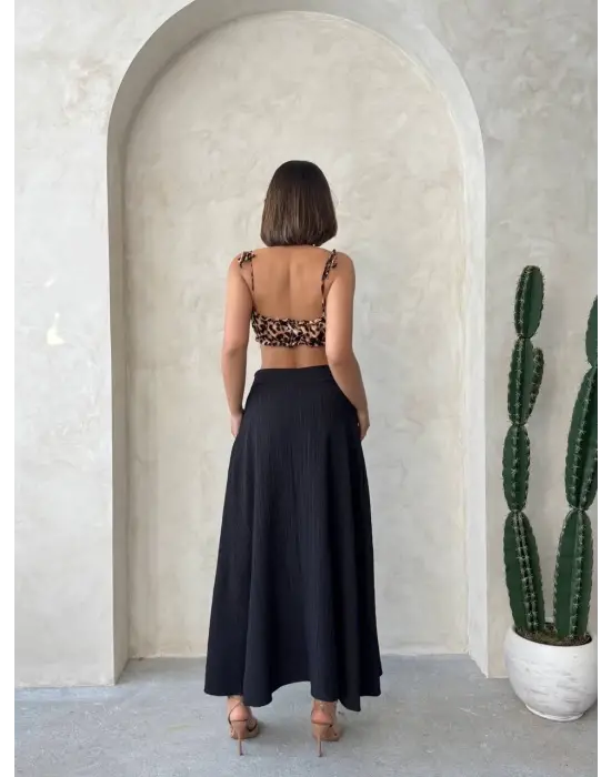 Omarı Kadife Uzun Etek - Gri renkli, astarlı, zarif tasarım