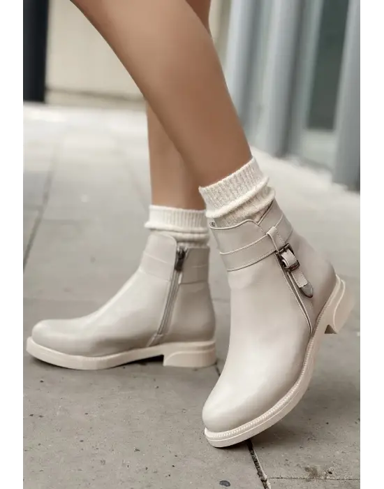 Omarı Yaz Kış Şıklığı Wiota Bej Cilt Topuklu Bot