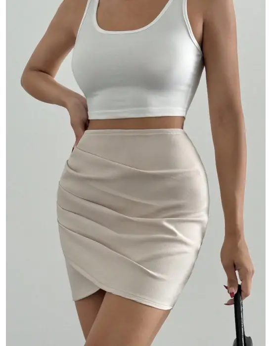 Omarı Trendy Drapeli Mini Etek
