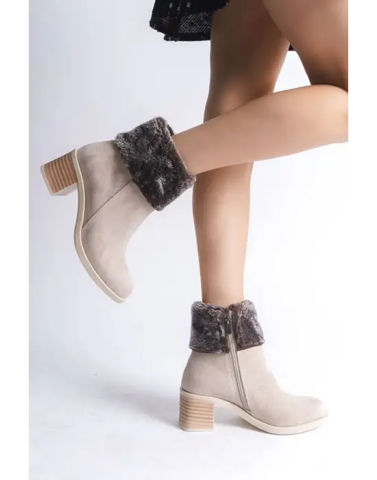 Omarı Tabaan Topuklu Kürk Detaylı Süet Bayan Bot