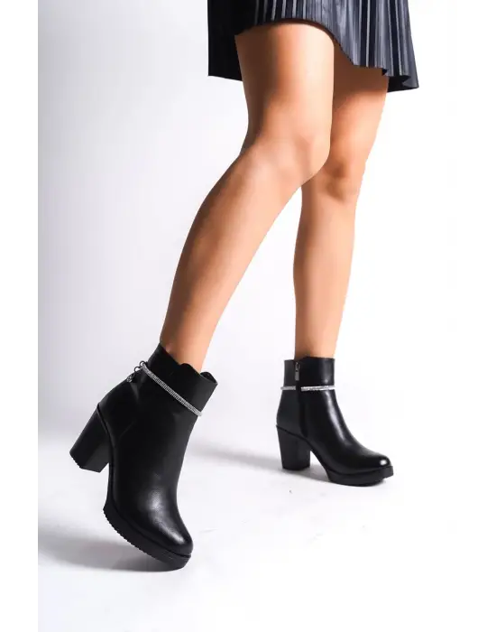 Omarı Taban Taşlı Rahat Topuklu Bayan Bot - Siyah
