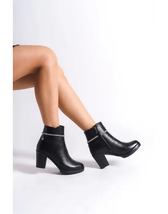Omarı Taban Taşlı Rahat Topuklu Bayan Bot - Siyah