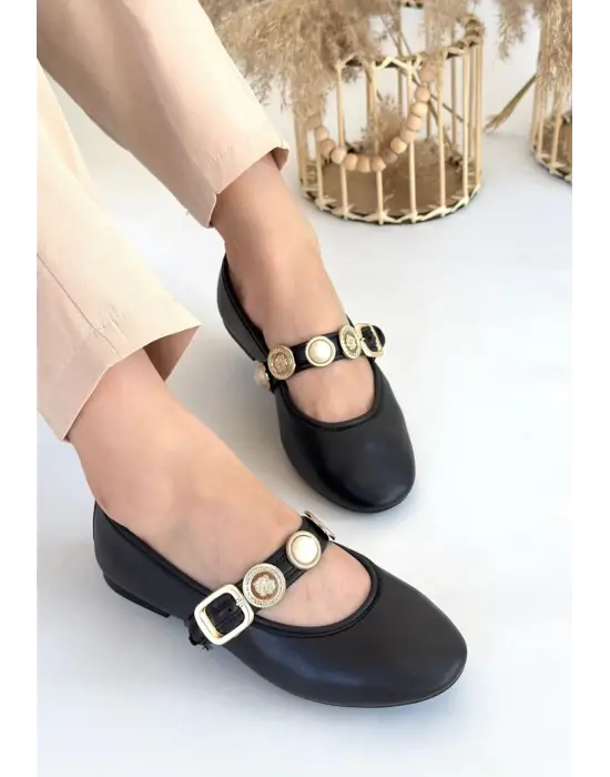 Omarı Siyah Deri Babet Ayakkabı