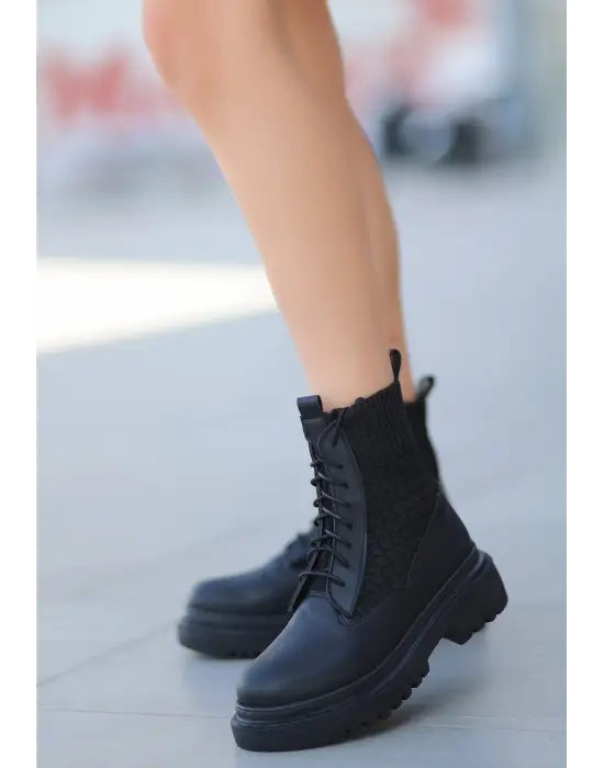 Omarı Siyah Cilt Bağcıklı Bot - Trend Ayakkabı Modası