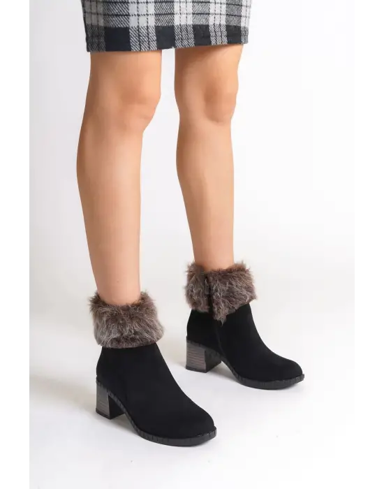 Omarı Yumuşak Yerli Süet Bayan Bot - Siyah