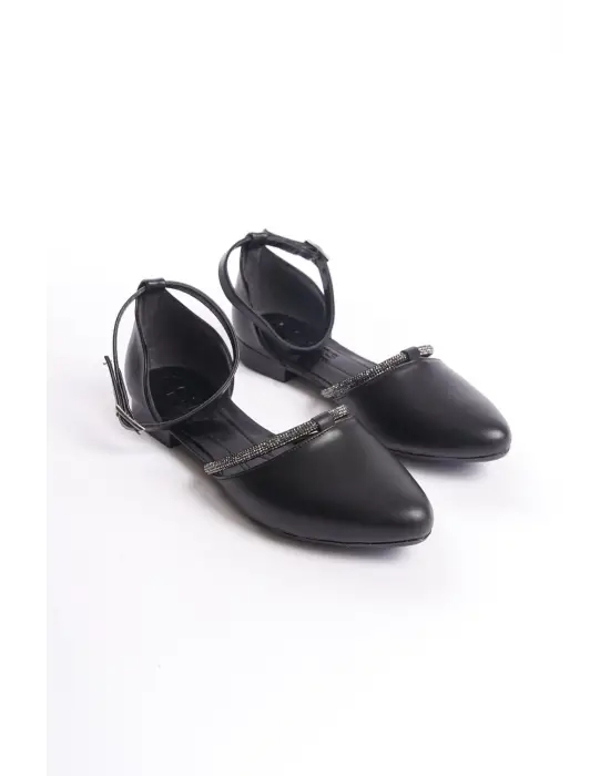 Omarı Rahat Tabaan Taş Detaylı Bayan Babet Ayakkabı - Siyah