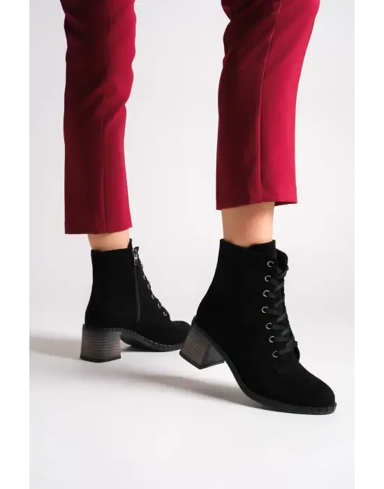 Omarı Bağcıklı Süet Bayan Bot - Şık ve Rahat Siyah Bot