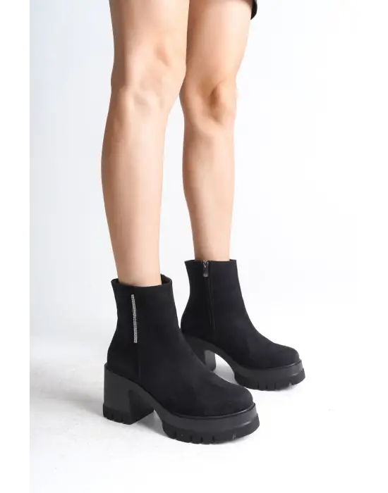 Omarı Süet Bayan Bot - Kalın Topuklu, Rahat Tabanlı Bot - Siyah