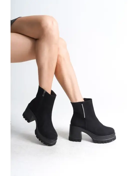 Omarı Süet Bayan Bot - Kalın Topuklu, Rahat Tabanlı Bot - Siyah