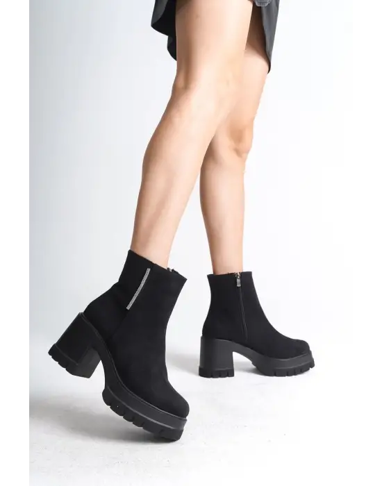 Omarı Süet Bayan Bot - Kalın Topuklu, Rahat Tabanlı Bot - Siyah