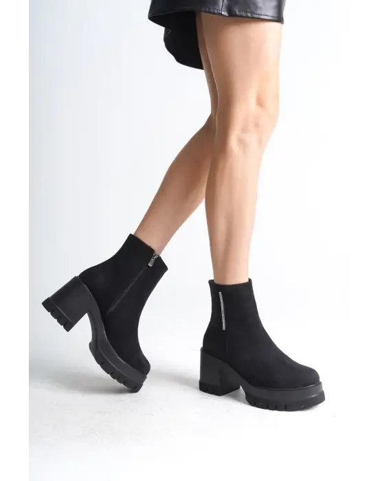 Omarı Süet Bayan Bot - Kalın Topuklu, Rahat Tabanlı Bot - Siyah