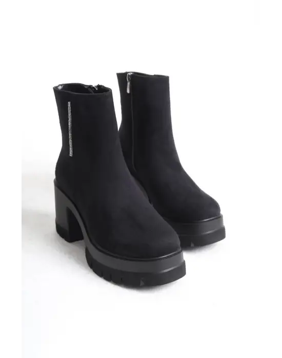 Omarı Süet Bayan Bot - Kalın Topuklu, Rahat Tabanlı Bot - Siyah