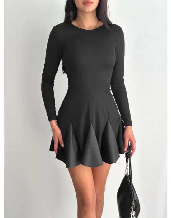 Omarı Crep Mini Elbise - Eteği Kloş Tasarımıyla Şıklık